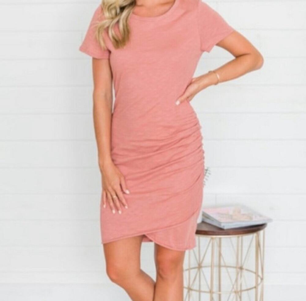 Pink Lily Ruched Mini T-Shirt Dress Light Orange Size Small